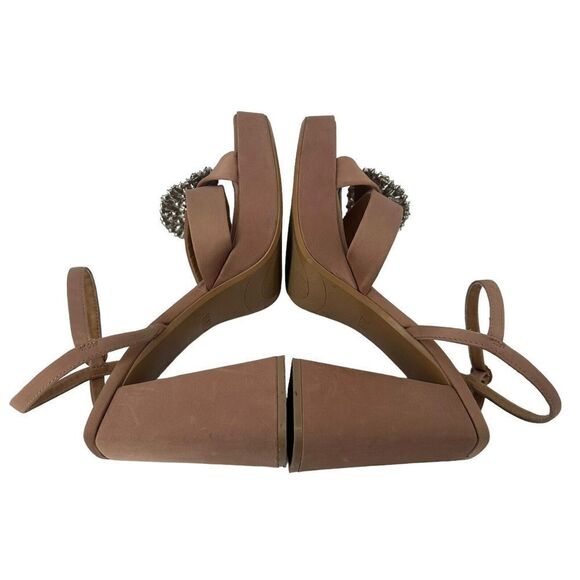 ZARA Rhinestone Embellished Platform Sandal Chunky Heel Sz 41 US 10.5 Tan Satin - Picture 6 of 12